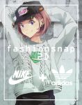  adidas arms_behind_head arms_up baseball_cap black_hat brown_eyes earrings fashion grey_sweater hat highres jewelry logo nike original print_hat purple_eyes short_hair smile solo spikes stone_wall sweater upper_body wall yoshito 