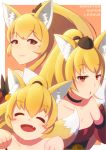  :o animal_ears bangs bare_shoulders black_choker blonde_hair blush blush_stickers choker collarbone copyright_name detached_sleeves dress evolution eyebrows_visible_through_hair fang fox_ears fox_girl hat horan_(monster_super_league) looking_at_viewer miho_(monster_super_league) monster_super_league multiple_girls multiple_tails orange_background paw_pose pink_lips ponytail ran_(monster_super_league) red_dress red_eyes sash shoggoth_329 smile strapless strapless_dress tail 