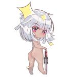  altera_(fate) ass bangs barefoot blunt_bangs blush breasts cer_(cerber) chibi dark_skin eyebrows_visible_through_hair fate/extella fate/extra fate_(series) full_body_tattoo hand_on_hilt looking_at_viewer looking_back lowres nude parted_lips photon_ray red_eyes silver_hair small_breasts solo sparkle tattoo 