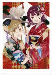  2girls absurdres atelier_(series) atelier_sophie blonde_hair blush breasts brown_eyes brown_hair chinese_zodiac floral_print flower glasses hair_flower hair_ornament highres huge_filesize japanese_clothes kimono long_hair looking_at_viewer monika_ellmenreich multiple_girls new_year noco_(adamas) official_art open_mouth sash scan short_hair smile sophie_neuenmuller very_long_hair wide_sleeves 