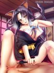  1girl animal_ears artist_name bare_shoulders black_hair black_panties breasts cat_ears cat_tail censored cleavage cum hair_rings hetero high_school_dxd ikemura_hiroichi indoors japanese_clothes kimono kuroka_(high_school_dxd) large_breasts lipstick long_hair makeup mosaic_censoring multiple_tails naughty_face nekomata off_shoulder open_mouth panties panty_pull penis pulled_by_self purple_lipstick sitting sitting_on_face sitting_on_person slit_pupils smile tail underwear undressing yellow_eyes 