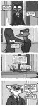  2018 absurd_res anthro canine clothing comic dialogue disney duke_weaselton english_text fox fur greyscale hi_res luraiokun male mammal monochrome mustelid necktie nick_wilde speech_bubble suit text weasel zootopia 