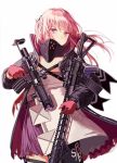  ar-15 armband armor assault_rifle bangs blue_eyes blue_hair blush closed_mouth coat commentary dress dual_wielding floating_hair gas_mask girls_frontline gloves gun hair_between_eyes hair_ornament holding holding_gun holding_weapon holster jacket long_hair looking_at_viewer magazine_(weapon) mod3_(girls_frontline) multicolored_hair open_clothes open_coat parted_lips pink_hair ponytail rifle scarf scope sidelocks signature silence_girl simple_background skindentation solo st_ar-15_(girls_frontline) strap streaked_hair thigh_holster thigh_strap thighhighs torn_jacket trigger_discipline weapon white_background wind wind_lift 