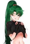  :p black_shirt blush breasts earrings fire_emblem fire_emblem:_rekka_no_ken green_eyes green_hair highres jewelry large_breasts long_hair looking_at_viewer lyndis_(fire_emblem) navel one_eye_closed ormille ponytail shirt shirt_lift solo sweat tongue tongue_out underboob very_long_hair 