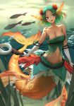  :d air_bubble bare_shoulders blonde_hair breasts bubble collarbone commentary elbow_gloves fish full_body gloves gradient_hair green_eyes green_hair hair_ornament head_fins hestia_(sdorica_-sunset-) highres leaf_hair_ornament looking_at_viewer medium_breasts mermaid monster_girl multicolored_hair navel oopartz_yang open_mouth sdorica_-sunset- smile solo staff underwater white_gloves 