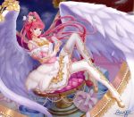  absurdres angel_wings artist_name detached_sleeves dress full_body fur_trim gold_trim gugu_(mirukai) heart highres knee_up looking_at_viewer miracle_nikki pink_hair purple_eyes sitting skirt solo white_legwear white_skirt white_wings wings 