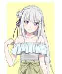  absurdres bangs bare_shoulders closed_mouth collarbone commentary dated dress emilia_(re:zero) fuusuke_(fusuke208) hair_ornament hair_ribbon hand_up head_tilt highres long_hair looking_at_viewer off_shoulder outside_border purple_eyes re:zero_kara_hajimeru_isekai_seikatsu ribbon ringed_eyes smile solo straight_hair very_long_hair white_background white_hair 