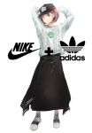 adidas arms_behind_head arms_up baseball_cap black_hat black_skirt brown_eyes earrings fashion full_body grey_footwear grey_sweater hat highres jewelry logo long_skirt nike original print_hat purple_eyes shoes short_hair skirt smile sneakers solo spikes standing sweater white_background yoshito 