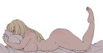  bare_legs barefoot blonde_hair blush breasts feet feet_up full_body gamukami green_eyes large_breasts lusamine_(pokemon) lying nude on_bed on_stomach pillow pillow_hug pokemon pokemon_(game) pokemon_sm sideboob simple_background solo sweat toe_scrunch 