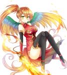  bird_wings black_legwear breasts china_dress chinese_clothes cleavage_cutout commentary_request dress elbow_gloves fingerless_gloves flaming_sword gloves green_eyes hair_between_eyes highres kanataww large_breasts leilan_(p&amp;d) long_hair orange_hair puzzle_&amp;_dragons side_ponytail smile solo thighhighs wings 