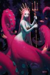  artstation_username bare_arms bare_shoulders breasts closed_mouth commentary crab deviantart_username fish gradient_skin highres holding instagram_username long_hair looking_at_viewer manda_schank original pink_eyes pink_hair polearm solo tentacles trident water weapon 