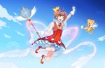  bloomers blue_sky brown_hair cardcaptor_sakura day flying gloves green_eyes kero kinomoto_sakura magical_girl ribbon sky smile staff streya underwear white_bloomers 