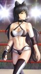  1girl artist_name black_hair blake_belladonna bow boxing_shorts breasts cleavage crowd elbow_pads fingerless_gloves long_hair looking_to_the_side navel rwby shiny_skin shorts sports_bra stomach sweat tank_top yellow_eyes 