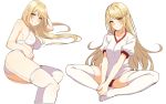  ass bangs blonde_hair blush bra breasts chinese_commentary commentary_request eyebrows_visible_through_hair flipped_hair garter_straps gym_uniform highres hikari_(xenoblade_2) icarus_(632247131) long_hair looking_at_viewer lying medium_breasts multiple_views on_side panties sidelocks simple_background sitting swept_bangs thighhighs underwear underwear_only v-shaped_eyebrows very_long_hair white_background white_bra white_legwear white_panties xenoblade_(series) xenoblade_2 yellow_eyes 