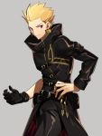  1boy asymmetrical_gloves belt black_coat black_gloves black_pants blonde_hair earrings fate/stay_night fate_(series) gilgamesh gloves grey_background hand_on_hip jewelry long_sleeves looking_at_viewer male_focus pants red_eyes sen_(77nuvola) simple_background single_glove smile solo spiked_hair 