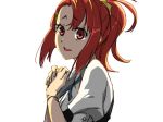  1girl blue_ribbon chiharu_(9654784) from_side hands_together highres kiznaiver looking_at_viewer neck_ribbon open_mouth red_eyes red_hair ribbon shirt short_hair short_sleeves simple_background solo takashiro_chidori upper_body white_background white_shirt 