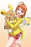  :d ahoge alolan_raichu bangs barefoot blush bow braid commentary_request crossover drawstring hair_bow halftone halftone_background highres holding holding_pokemon hood hood_down jirachi long_sleeves love_ball love_live! love_live!_sunshine!! open_mouth orange_hair outline poke_ball pokemon pokemon_(creature) red_eyes red_shorts round_teeth short_shorts shorts side_braid smile solo standing standing_on_one_leg takami_chika teeth upper_teeth white_outline yellow_bow yellow_hoodie yopparai_oni 