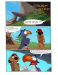  avian beak bird black_eyes blue_fur comic detailed_background dialogue disney feral fur grass herpestid hornbill male male/male mammal mcfan meerkat mongoose text the_lion_king timon zazu 