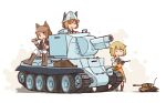  3girls animal_ears blonde_hair borisx brown_hair bt-42 cat_ears commentary_request controller fv304 girls_und_panzer ground_vehicle hat highres military military_vehicle motor_vehicle multiple_girls original remote_control short_hair smile t32_heavy_tank tank toy_tank white_background 