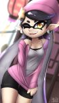  blush breasts callie_(splatoon) cephalopod clothed clothing ear_piercing female hat hi_res hoodie humanoid inkling looking_at_viewer mammal marine nintendo not_furry one_eye_closed open_mouth piercing pointy_ears rilex_lenov shirt shorts smile solo splatoon splatoon_2 squid tentacle_hair tentacles text thigh_gap video_games wink 