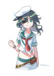  belt clenched_hand cowboy_shot eyepatch green_eyes green_hair green_sailor_collar hat kantai_collection kiso_(kantai_collection) looking_at_viewer medium_hair midriff mogamiya_honu navel neckerchief pauldrons red_neckwear sailor_collar sailor_hat school_uniform serafuku short_hair simple_background skirt solo white_background white_hat white_skirt wristband 