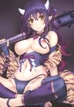  absurdres animal_print bangs bare_shoulders blue_legwear blush breasts brown_eyes cameltoe club comic_aun fingerless_gloves gloves highres holding holding_weapon horns long_hair looking_at_viewer medium_breasts misaki_kurehito navel nipples no_bra oni oni_horns open_toe_shoes over_shoulder panties pointy_ears purple_hair scan shoes smile solo thighhighs thighs underwear weapon weapon_over_shoulder 