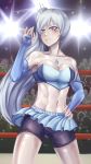  1girl artist_name blue_eyes boxing_shorts breasts cleavage crowd elbow_gloves fingerless_gloves hair_ornament long_hair looking_down miniskirt navel necklace ponytail rwby scar shiny_skin shorts skirt skirt_flip sports_bra stomach sweat tank_top weiss_schnee white_hair 