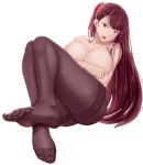  absurdres arm_across_chest ass bangs black_legwear blush breasts cameltoe chiyo_goya collarbone day eyebrows_visible_through_hair girls_frontline hair_ribbon half_updo head_tilt highres large_breasts long_hair looking_at_viewer no_shoes one_side_up open_mouth pantyhose purple_hair red_eyes ribbon shiny shiny_skin sidelocks simple_background sitting solo thighband_pantyhose thighs topless tsurime very_long_hair wa2000_(girls_frontline) white_background 