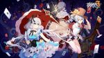  3girls bare_shoulders blue_eyes bronya_zaychik brown_eyes card drill_hair flower gloves hair_ribbon hat highres honkai_(series) honkai_impact_3 jacket key layered_skirt long_hair multicolored multicolored_clothes multicolored_legwear multiple_girls official_art petals ribbon rita_rossweisse rose rose_petals shoes silver_hair socks theresa_apocalypse twin_drills very_long_hair 