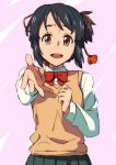  1girl :d black_hair bow bowtie brown_eyes brown_vest chiharu_(9654784) grey_skirt hair_ribbon highres kimi_no_na_wa long_sleeves looking_at_viewer miyamizu_mitsuha open_mouth pink_background pleated_skirt red_bow red_neckwear red_ribbon ribbon school_uniform shirt short_hair sketch skirt smile solo tears tied_hair upper_body vest white_shirt 
