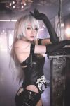  1girl asian cosplay female korean nier_automata short_shorts shorts solo thighhighs white_hair yorha_type_a_no._2 yorha_type_a_no._2_(cosplay) 