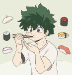  bad_id bad_pixiv_id boku_no_hero_academia chopsticks eating food freckles green_background green_eyes green_hair gunkanmaki hamsue highres makizushi male_focus midoriya_izuku nigirizushi scar shirt short_hair solo sushi t-shirt upper_body 