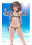  :d akiyama_yukari ass_visible_through_thighs beach bikini blue_sky blush breasts brown_eyes brown_hair cloud collarbone commentary_request covered_nipples day girls_und_panzer green_bikini highres looking_at_viewer medium_breasts navel ocean open_mouth short_hair skindentation sky smile solo standing sun swimsuit toned wantsupanchi!! 