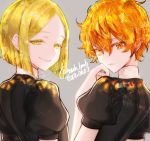  androgynous blonde_hair colored_eyelashes commentary_request gem_uniform_(houseki_no_kuni) grey_background houseki_no_kuni looking_at_viewer looking_back morino_bambi multiple_others orange_eyes orange_hair short_hair smile twitter_username upper_body wavy_hair yellow_diamond_(houseki_no_kuni) yellow_eyes zircon_(houseki_no_kuni) 