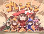  5girls :d :t arms_up bandana bibi blue_eyes blue_gloves brown_hair chibi clenched_hand cloud commentary_request curry curry_rice doyagao emphasis_lines explosion food gloves green_gloves green_hat hat himitsu_sentai_goranger knee_pads llenn_(sao) long_sleeves military military_uniform multiple_girls multiple_persona open_mouth outline outstretched_arms pink_gloves pink_hat pose pun red_eyes red_gloves red_hat rice sentai smile smug sparkle spoon sword_art_online sword_art_online_alternative:_gun_gale_online uniform v-shaped_eyebrows white_outline yellow_gloves yellow_hat 