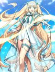  1girl :d absurdly_long_hair blonde_hair blue_eyes blue_sky blurry blurry_background breasts cleavage dress eyebrows_visible_through_hair fate/grand_order fate_(series) floating_hair from_below headpiece highres jeanne_d&#039;arc_(fate)_(all) long_hair looking_at_viewer medium_breasts midriff navel navel_cutout open_mouth outdoors see-through sen_(77nuvola) short_dress sky sleeveless sleeveless_dress smile solo standing stomach thigh_strap very_long_hair white_dress 