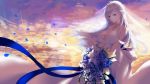  absurdres alternate_costume azur_lane bangs bare_shoulders belfast_(azur_lane) blue_eyes blush bouquet braid breasts bridal_veil bride chain cleavage cloud collar collarbone commentary_request dress evening eyebrows_visible_through_hair floating_hair flower french_braid hand_up higandgk highres holding holding_bouquet large_breasts long_hair looking_at_viewer outdoors petals silver_hair sky smile solo star_(sky) starry_sky veil wedding_dress white_dress wind wind_lift 