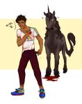  2018 blood clothed clothing digital_media_(artwork) duo equine feral horn human male mammal purrchinyan red_eyes smile unicorn 