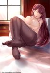  absurdres arm_across_chest ass bangs bed_sheet black_legwear blush breasts cameltoe chiyo_goya collarbone commentary day eyebrows_visible_through_hair girls_frontline hair_ribbon half_updo head_tilt highres indoors large_breasts long_hair looking_at_viewer no_shoes on_bed one_side_up open_mouth pantyhose pillow purple_hair red_eyes ribbon shiny shiny_skin sidelocks sitting solo thighband_pantyhose thighs topless tsurime very_long_hair wa2000_(girls_frontline) window 