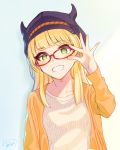  1girl adjusting_eyewear black_hat blonde_hair blue_background collarbone glasses green_eyes grin hat highres idolmaster idolmaster_cinderella_girls jacket jougasaki_rika kanamura_will long_hair long_sleeves looking_at_viewer open_clothes open_jacket orange_jacket red-framed_eyewear shirt smile solo upper_body white_shirt 