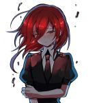  androgynous blush commentary_request eyes_visible_through_hair gem_uniform_(houseki_no_kuni) hair_between_eyes holding_own_arm houseki_no_kuni long_bangs looking_at_viewer mercury necktie red_eyes red_hair shinsha_(houseki_no_kuni) short_hair solo tpi_ri white_background 