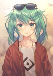  bad_id bad_pixiv_id brown_background commentary_request earrings eyewear_on_head gradient gradient_background green_eyes green_hair hatsune_miku jacket jewelry kawami_nami long_sleeves looking_at_viewer necklace red_jacket shirt short_hair solo suna_no_wakusei_(vocaloid) sunglasses vocaloid white_shirt 