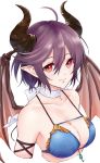  1girl ahoge aoyashio_rin blue_bikini_top breasts brown_hair choker cleavage collarbone cropped_arms cropped_torso demon_wings granblue_fantasy grea_(shingeki_no_bahamut) hair_between_eyes halterneck highres horns jewelry looking_at_viewer medium_breasts pointy_ears red_eyes ribbon ribbon_choker short_hair simple_background solo upper_body white_background white_ribbon wings 