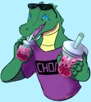  2018 anthro blue_eyes boba_tea bubble_tea clothed clothing crocodile crocodilian digital_media_(artwork) hex_sharptooth lenami looking_at_viewer male open_mouth reptile scalie smile solo teeth 