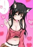  ? animal_ears bangs bare_shoulders black_choker black_hair blush breasts brown_skirt cat_ears cat_girl choker cleavage collarbone commentary_request condom condom_in_mouth green_eyes groin hair_between_eyes hair_ribbon hand_up heart heart-shaped_pupils heart_background highres horomasa long_sleeves looking_at_viewer medium_breasts miniskirt mouth_hold navel original paw_print pink_background pink_ribbon pink_shirt pleated_skirt pulled_by_self ribbon shirt skirt slit_pupils solo spoken_heart spoken_question_mark stomach straight_hair strap_pull symbol-shaped_pupils tank_top yellow_eyes 