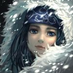  1girl asirpa black_hair blue_bandana blue_eyes golden_kamuy hood hood_up looking_at_viewer portrait san-san_(pixiv16523866) short_hair snowing solo 