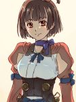  1girl bangs blue_bow blue_ribbon bow brown_eyes brown_hair chiharu_(9654784) choker corset highres koutetsujou_no_kabaneri looking_at_viewer mumei_(kabaneri) neck_ribbon one_side_up purple_ribbon red_sleeves ribbon ribbon_choker shirt short_hair shrug_(clothing) simple_background sleeveless sleeveless_shirt smile solo upper_body white_background white_shirt 