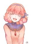  bangs closed_eyes curly_hair dress eyebrows_visible_through_hair fire_emblem fire_emblem_echoes:_mou_hitori_no_eiyuuou hairband jenny_(fire_emblem) jewelry long_sleeves necklace open_mouth pink_hair short_hair simple_background smile solo upper_body white_background yukimiyuki 