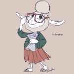  2018 2_toes absurd_res caprine character_name clothed clothing colored_sketch dawn_bellwether disney eyewear female glasses green_eyes hi_res mammal paper sheep signature simple_background skirt smile solo tan_background text toes yuki_kusama zootopia 