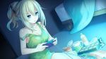  alternate_hairstyle barefoot blonde_hair blue_eyes brave_neptune breasts chopsticks cleavage controller dark dutch_angle game_controller indoors large_breasts long_hair neptune_(series) off_shoulder official_art on_floor open_mouth playing_games ponytail sidelocks sitting solo strap_slip tank_top television tsunako v-shaped_eyebrows vert video_game watermark 